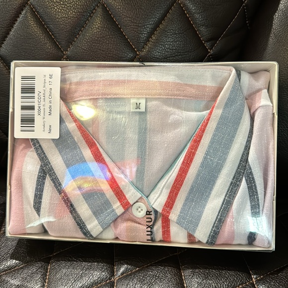 Womens Button Down Shirts Short Sleeve Summer Linen V Neck Collared Stripes - Picture 3 of 3